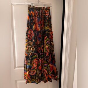 FarmRio Skirt, NWOT Farm Rio Maxi Skirt W/Cross Stitch Print & Beaded Tassels
